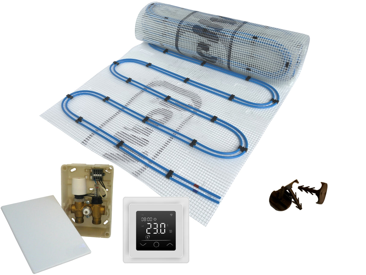 Fußbodenheizung Wasser Set Duo mit Doppelrohr Heizmatte und E-Regelbox WLAN Touch