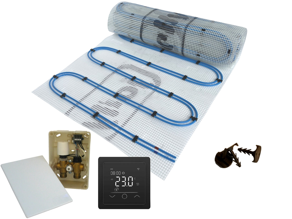 Fußbodenheizung Wasser Set Duo mit Doppelrohr Heizmatte und E-Regelbox WLAN Thermostat