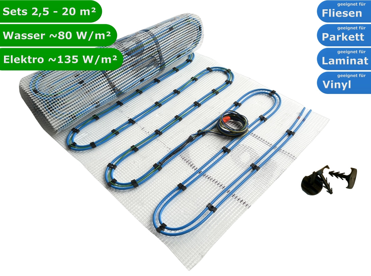 Duo Hybrid Warmwasser Elektro Fußbodenheizung | Set mit Heizmatte und Anschlussteile