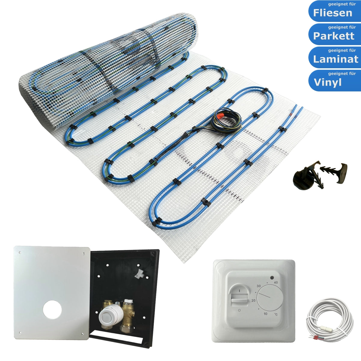 Duo Hybrid Warmwasser Elektro Fußbodenheizung | Set mit Heizmatte und Regelset Standard