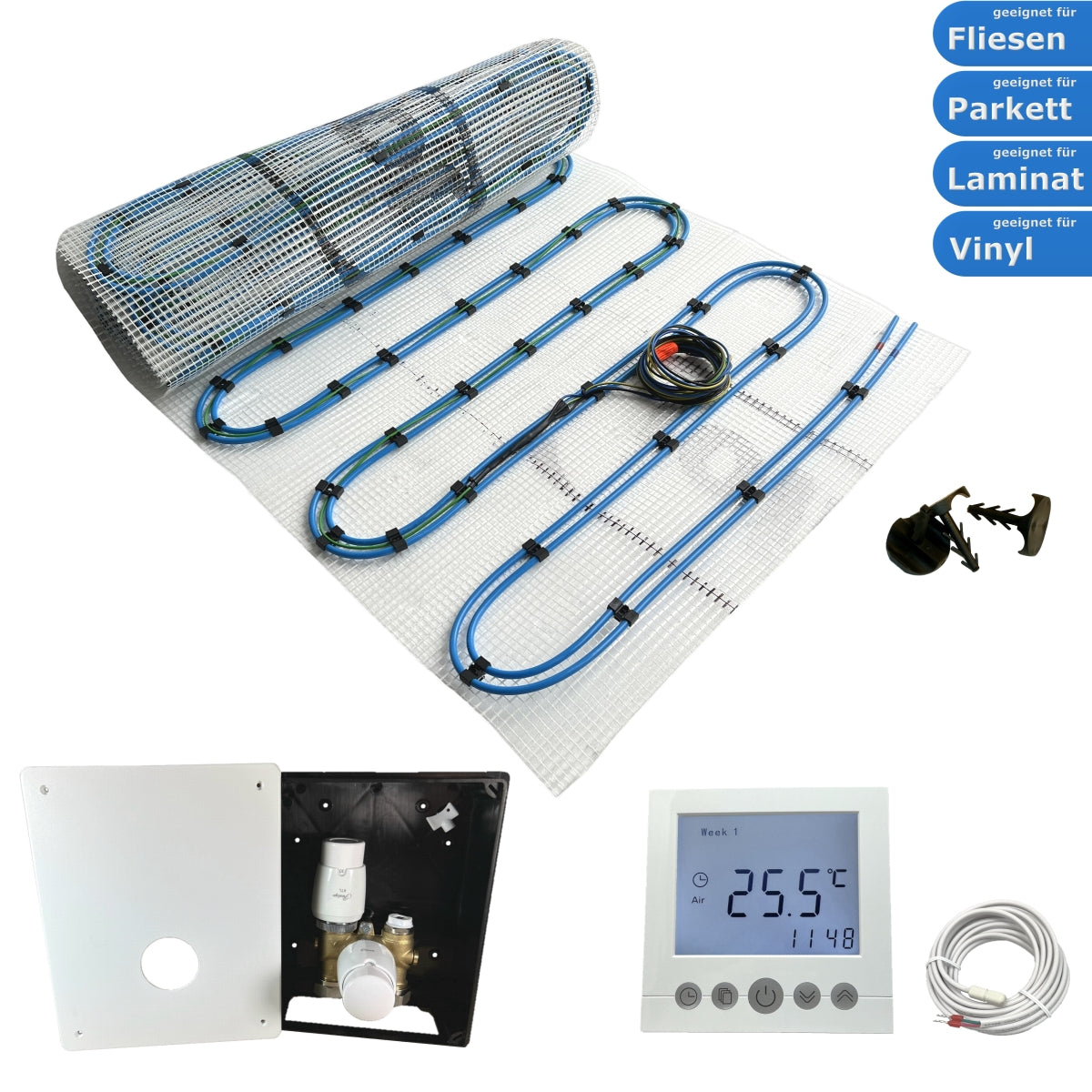 Duo Hybrid Warmwasser Elektro Fußbodenheizung | Set mit Heizmatte und Regelset Comfort