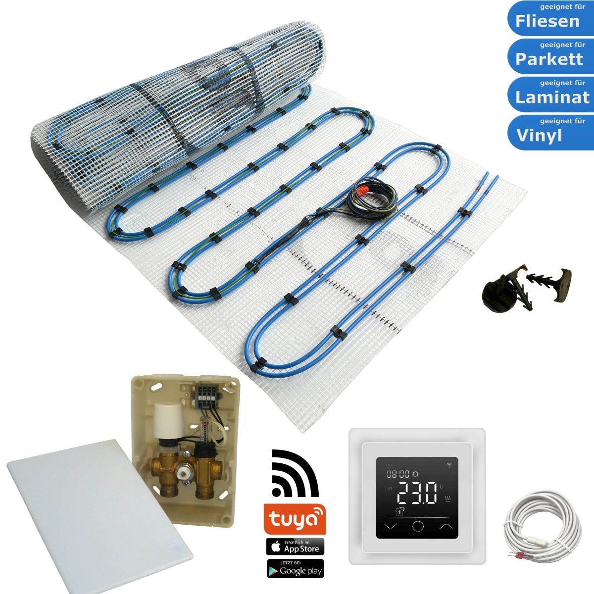 Duo Hybrid Warmwasser Elektro Fußbodenheizung | Set mit Heizmatte und Regelset WLAN Touch (weiß)