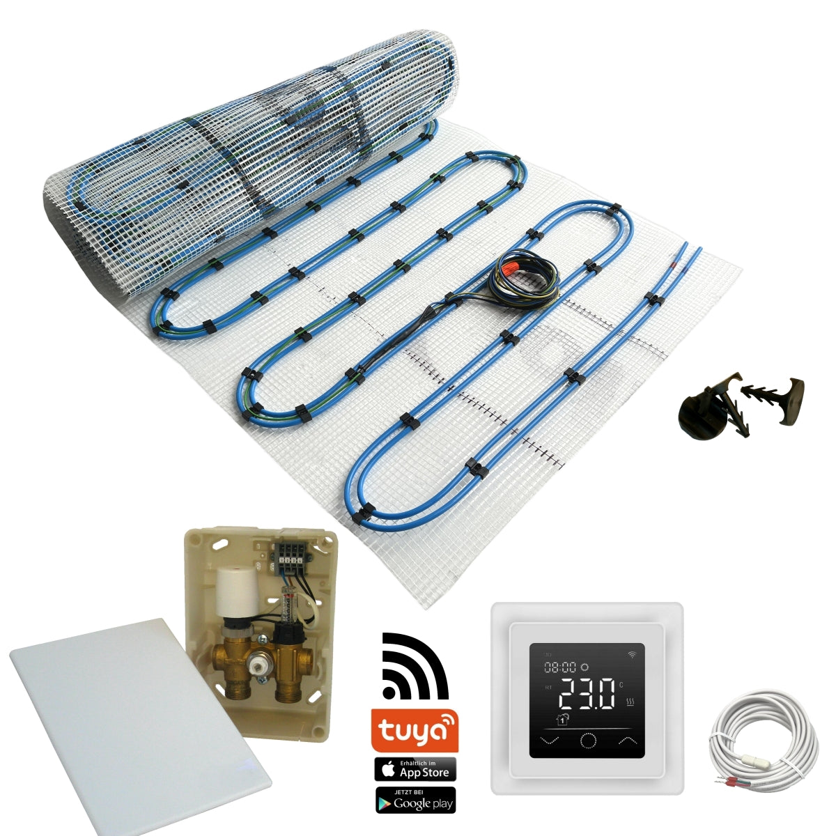 Duo Hybrid Warmwasser Elektro Fußbodenheizung | Set mit Heizmatte und Regelset WLAN Touch (weiß)