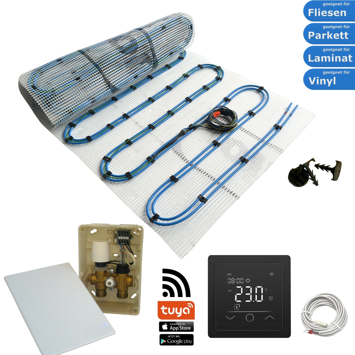Duo Hybrid Warmwasser Elektro Fußbodenheizung | Set mit Heizmatte und Regelset WLAN Touch (schwarz)