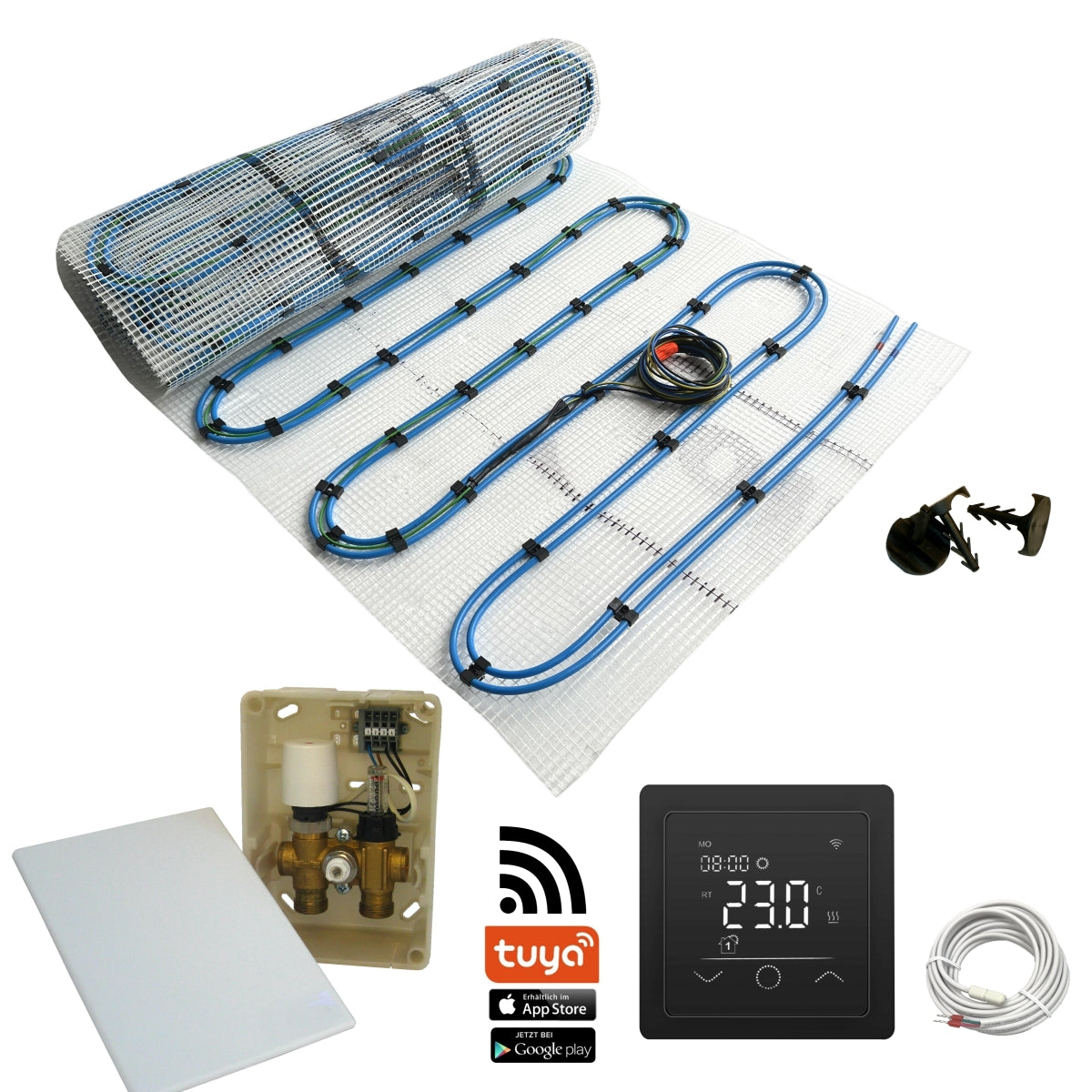 Duo Hybrid Warmwasser Elektro Fußbodenheizung | Set mit Heizmatte und Regelset WLAN Touch (schwarz)