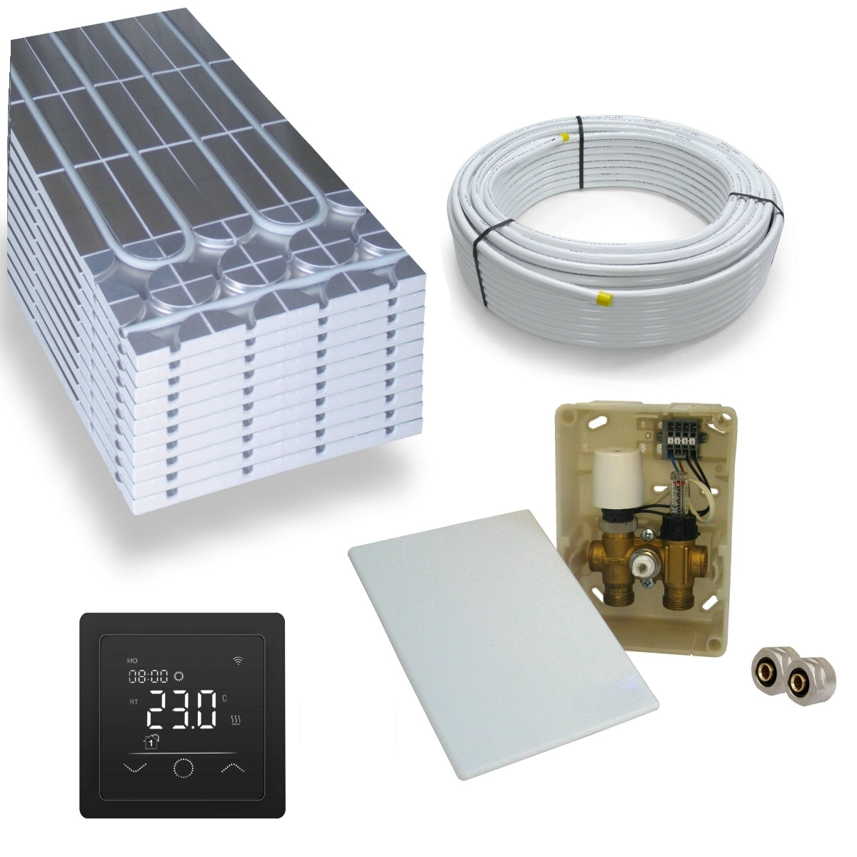 DRY Warmwasser Trocken Fußbodenheizung Komplettset E-Regelbox WLAN Touch (sw)