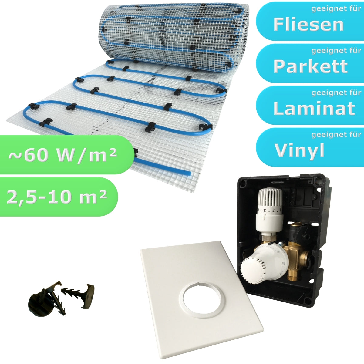 Fußbodenheizung Wasser Set mit Einrohr Heizmatte und Regelbox TH-RTL