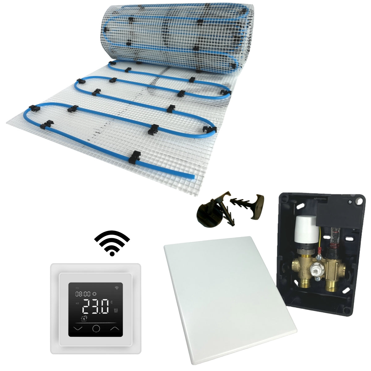Fußbodenheizung Wasser Set mit Einrohr Heizmatte und E-Regelbox E-Regelbox WLAN Touch