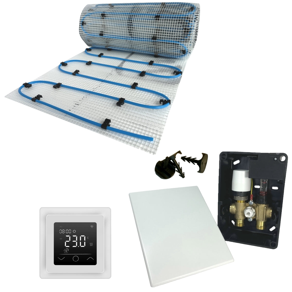 Fußbodenheizung Wasser Set mit Einrohr Heizmatte und E-Regelbox E-Regelbox WLAN Touch