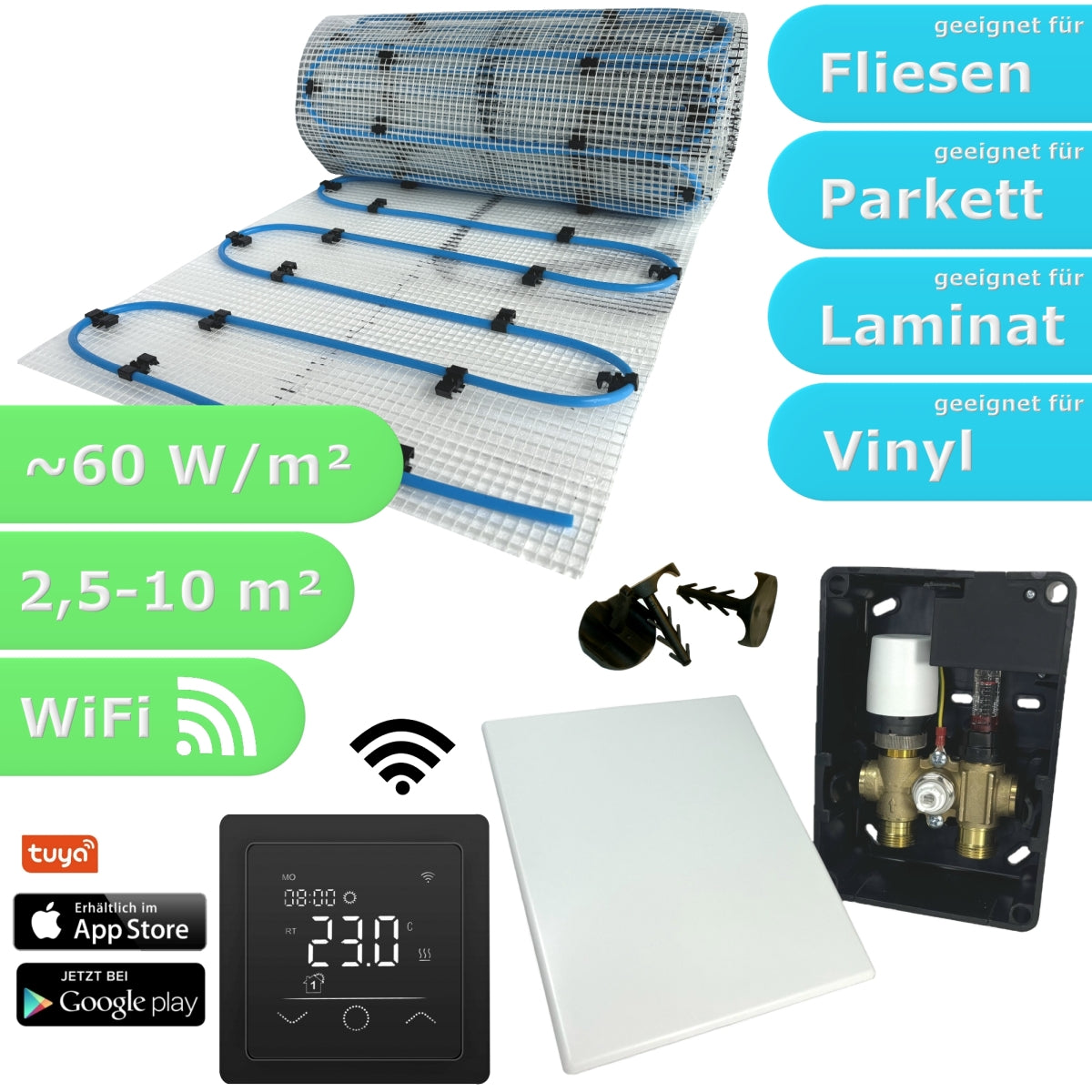 Fußbodenheizung Wasser Set mit Einrohr Heizmatte und E-Regelbox WLAN Touch