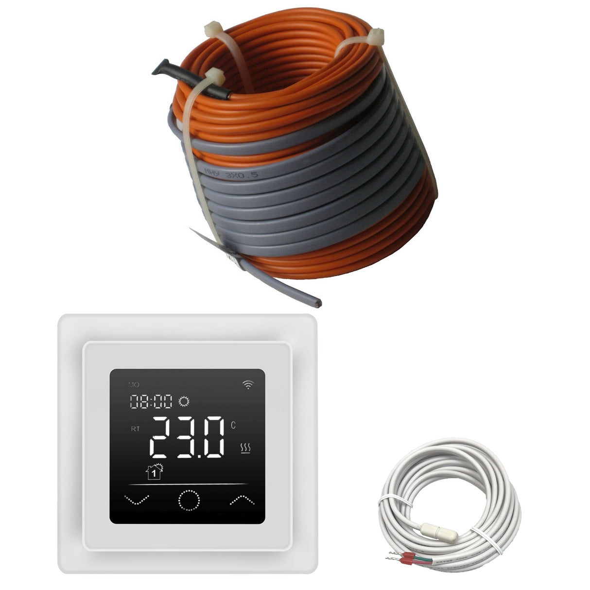 Fußbodenheizung Elektrisch Set Profi | Heizdraht 12 W/m auf Rolle und WiFi Regler Touch weiß