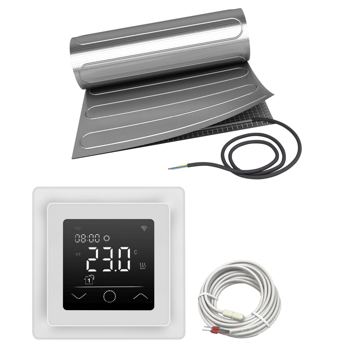 Fußbodenheizung Elektrisch Set ALU | Heizmatte 150 W/m² Laminat Parkett Vinyl | Touch Thermostat