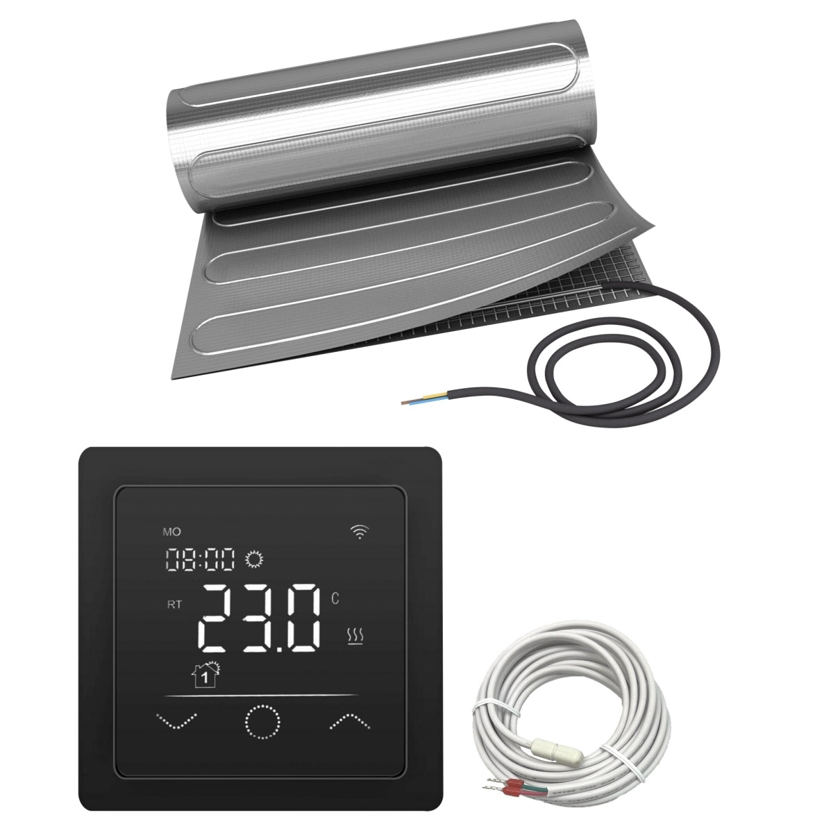Fußbodenheizung Elektrisch Set ALU | Heizmatte 150 W/m² Laminat Parkett Vinyl | Touch Thermostat