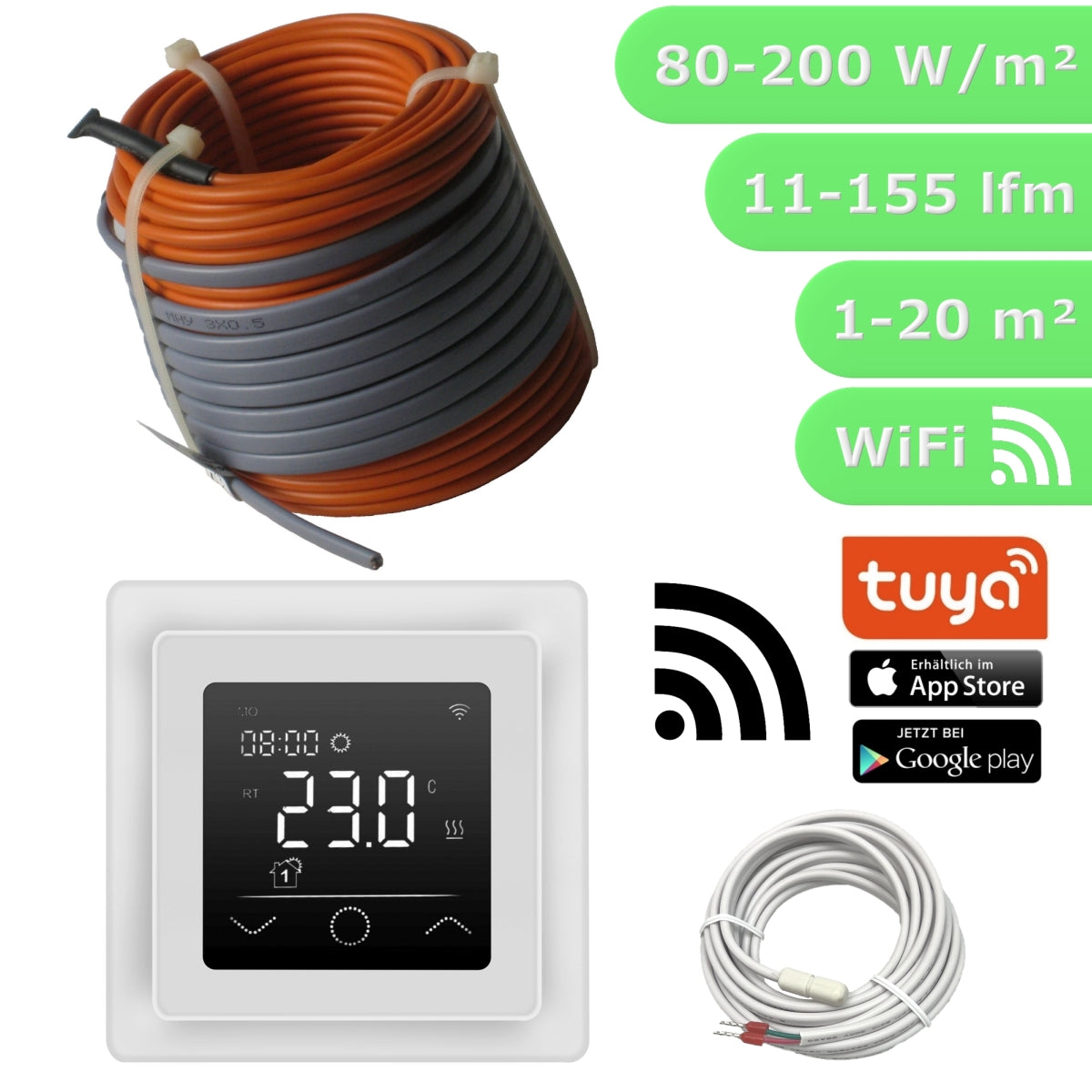 Fußbodenheizung Elektrisch Set Profi | Heizdraht 12 W/m auf Rolle und WiFi Regler Touch weiß