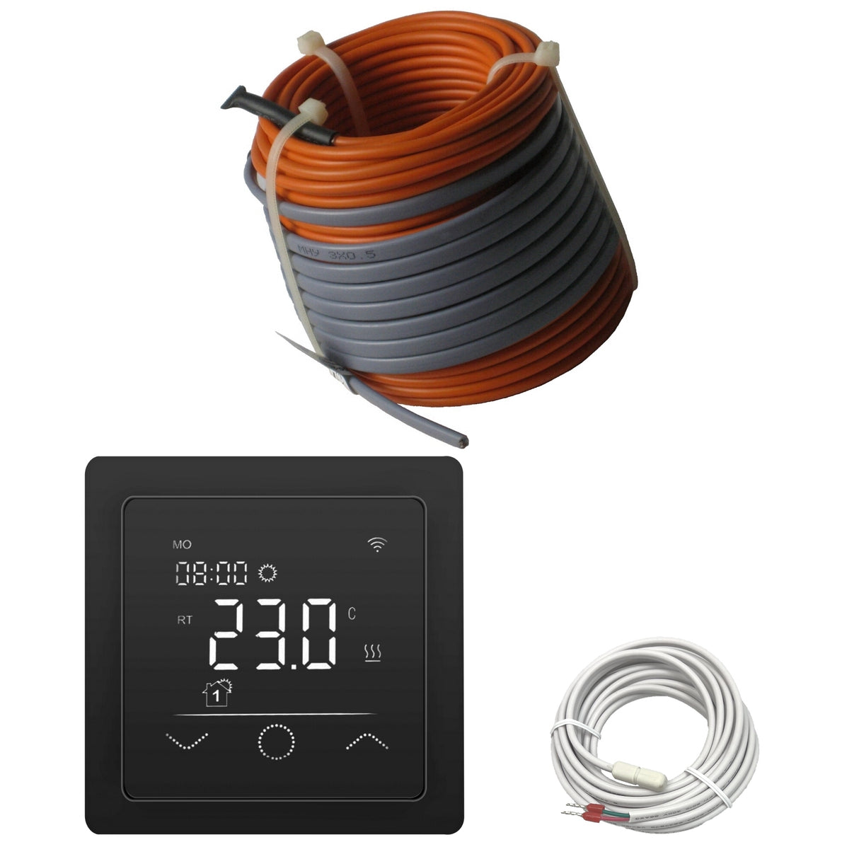 Fußbodenheizung Elektrisch Set Profi | Heizdraht 12 W/m auf Rolle und WiFi Regler Touch schwarz