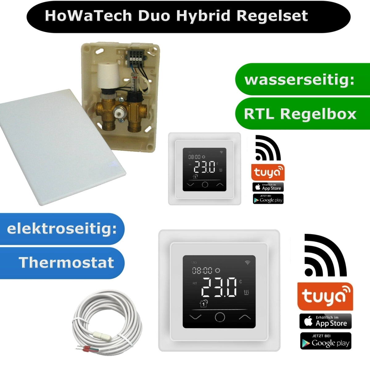 Duo Hybrid Warmwasser Elektro Fußbodenheizung | Set mit Heizmatte und Regelset WLAN Touch (weiß)