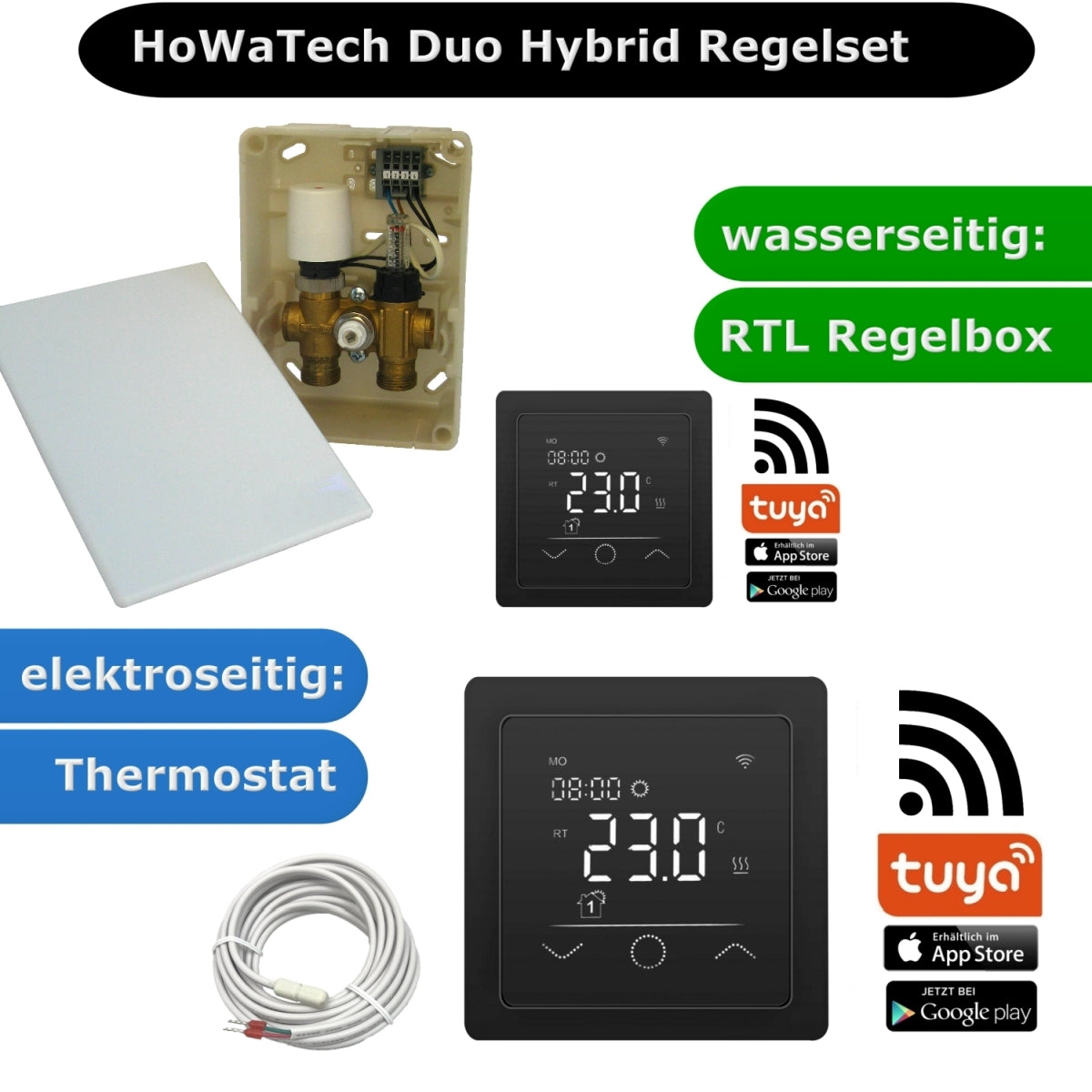 Duo Hybrid Warmwasser Elektro Fußbodenheizung | Set mit Heizmatte und Regelset WLAN Touch (schwarz)
