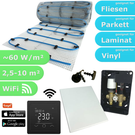 Fußbodenheizung Wasser Set mit Einrohr Heizmatte und E-Regelbox WLAN Touch